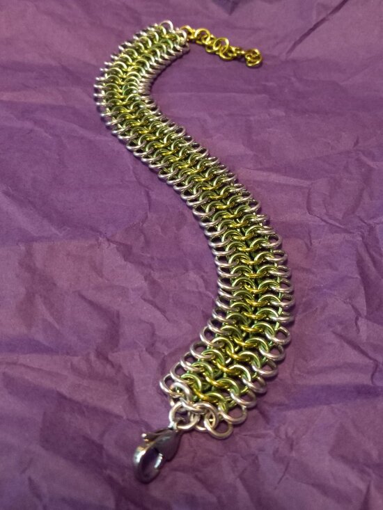 Tinkered Uniques Jewelry - Green, Yellow, & Silver chain mail bracelet